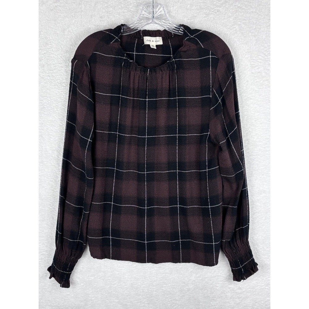 CLOTH &‎ STONE Women's Pucker Plaid Top Long Sleeve Textured Red/Black Size M